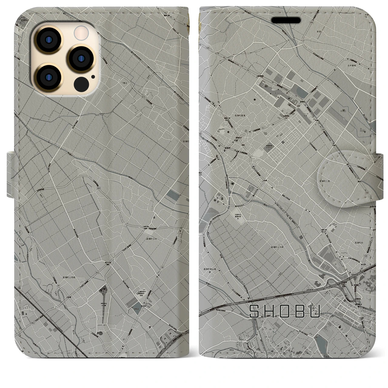 【菖蒲(埼玉県)】地図柄iPhoneケース(手帳タイプ)モノトーン・iPhone 12 Pro Max 用