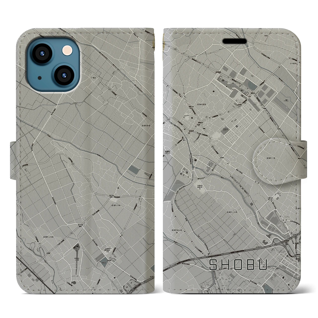 【菖蒲(埼玉県)】地図柄iPhoneケース(手帳タイプ)モノトーン・iPhone 13 用