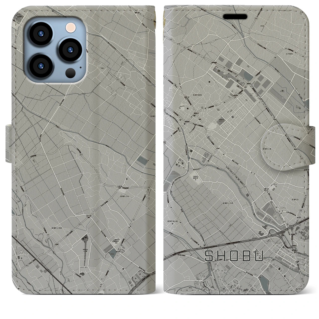 【菖蒲(埼玉県)】地図柄iPhoneケース(手帳タイプ)モノトーン・iPhone 13 Pro Max 用