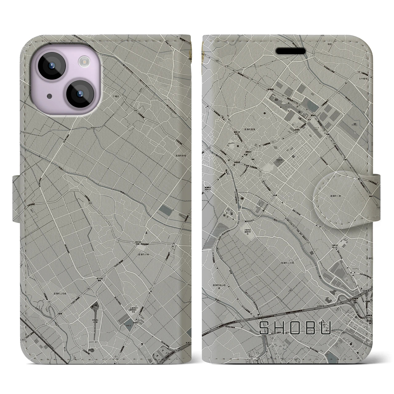 【菖蒲(埼玉県)】地図柄iPhoneケース(手帳タイプ)モノトーン・iPhone 14 用