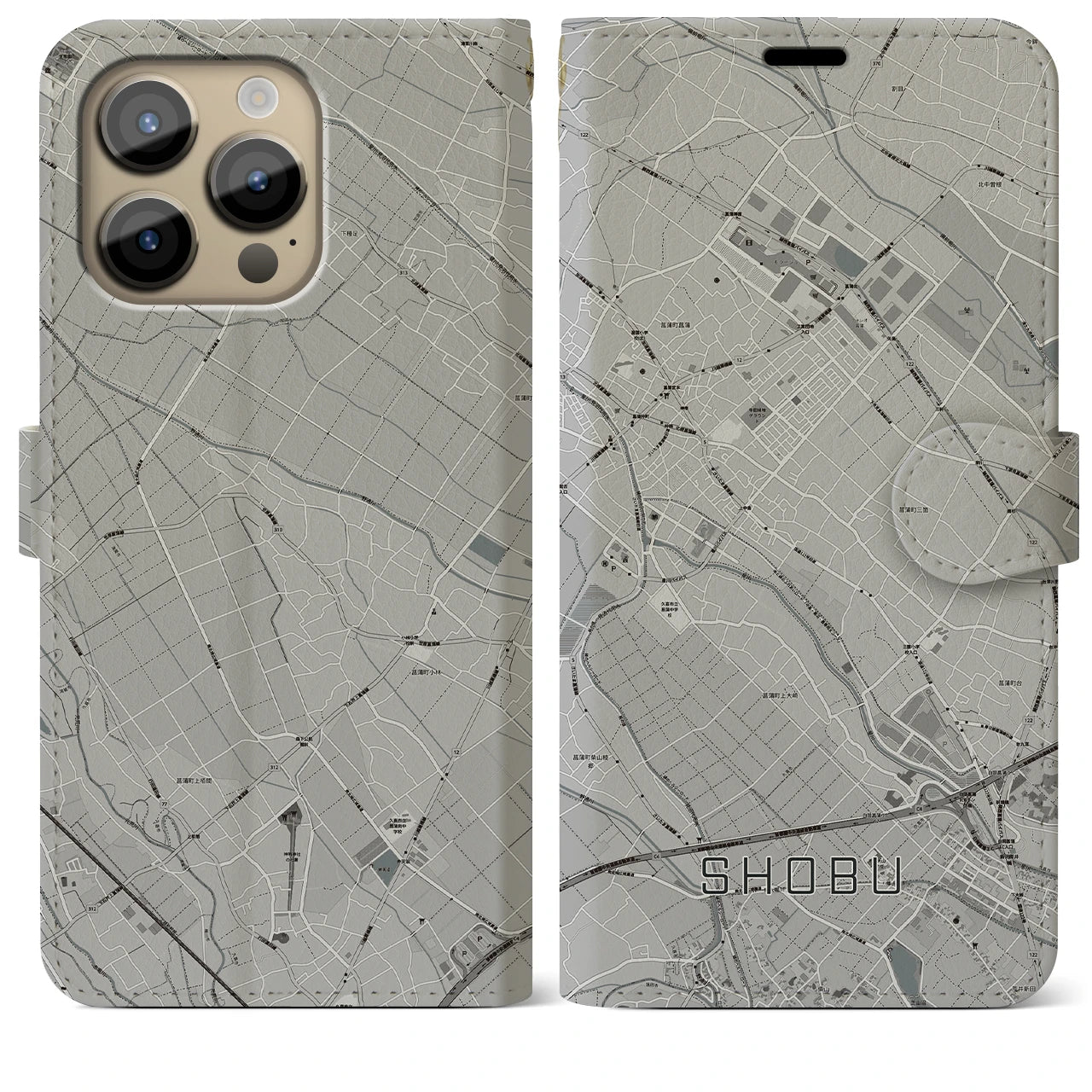 【菖蒲(埼玉県)】地図柄iPhoneケース(手帳タイプ)モノトーン・iPhone 14 Pro Max 用