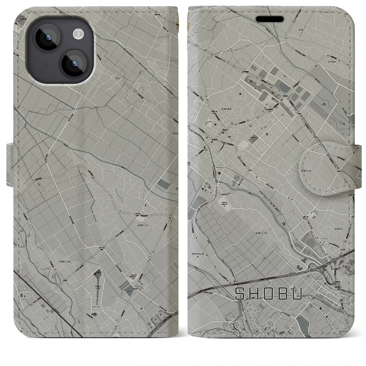 【菖蒲(埼玉県)】地図柄iPhoneケース(手帳タイプ)モノトーン・iPhone 14 Plus 用