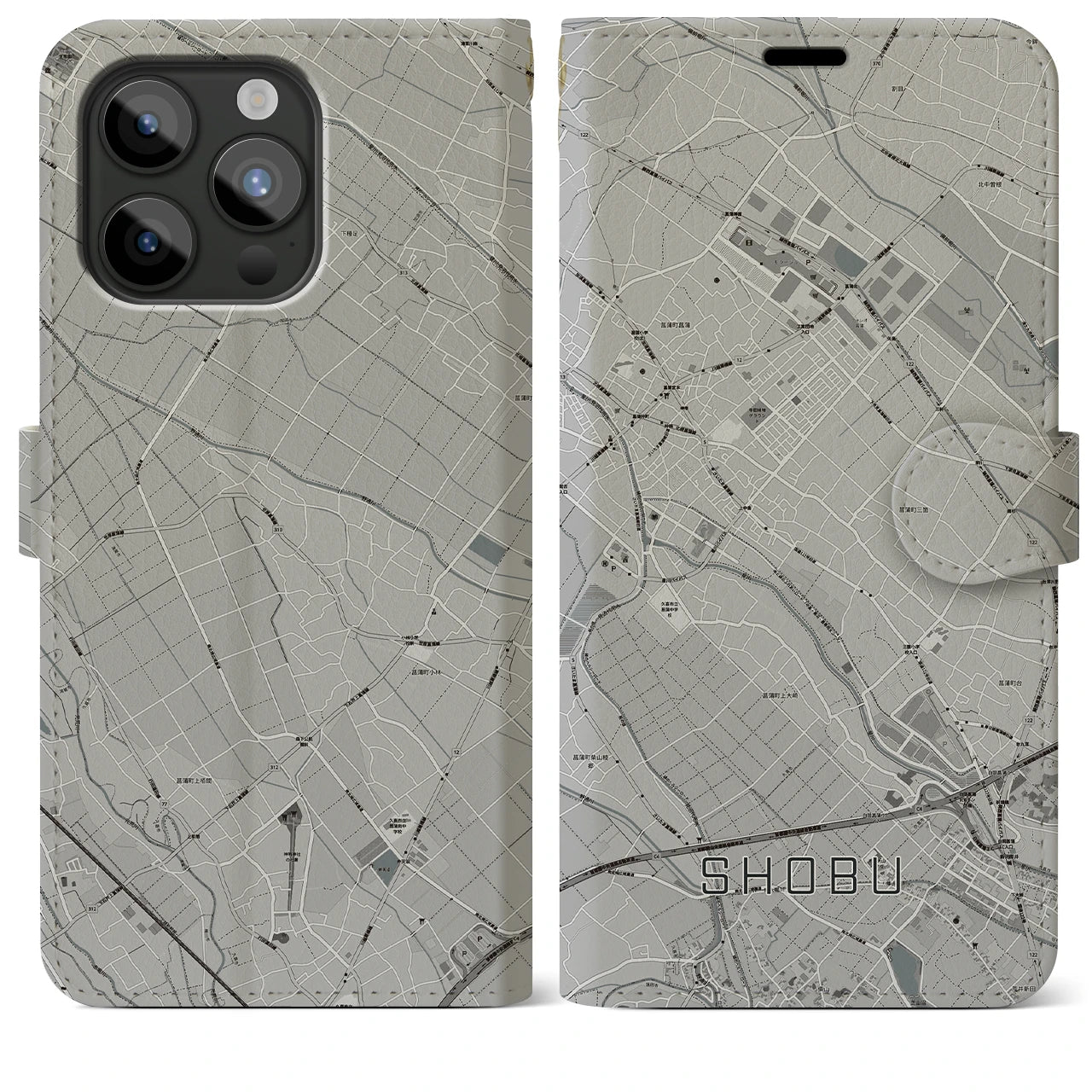 【菖蒲(埼玉県)】地図柄iPhoneケース(手帳タイプ)モノトーン・iPhone 15 Pro Max 用