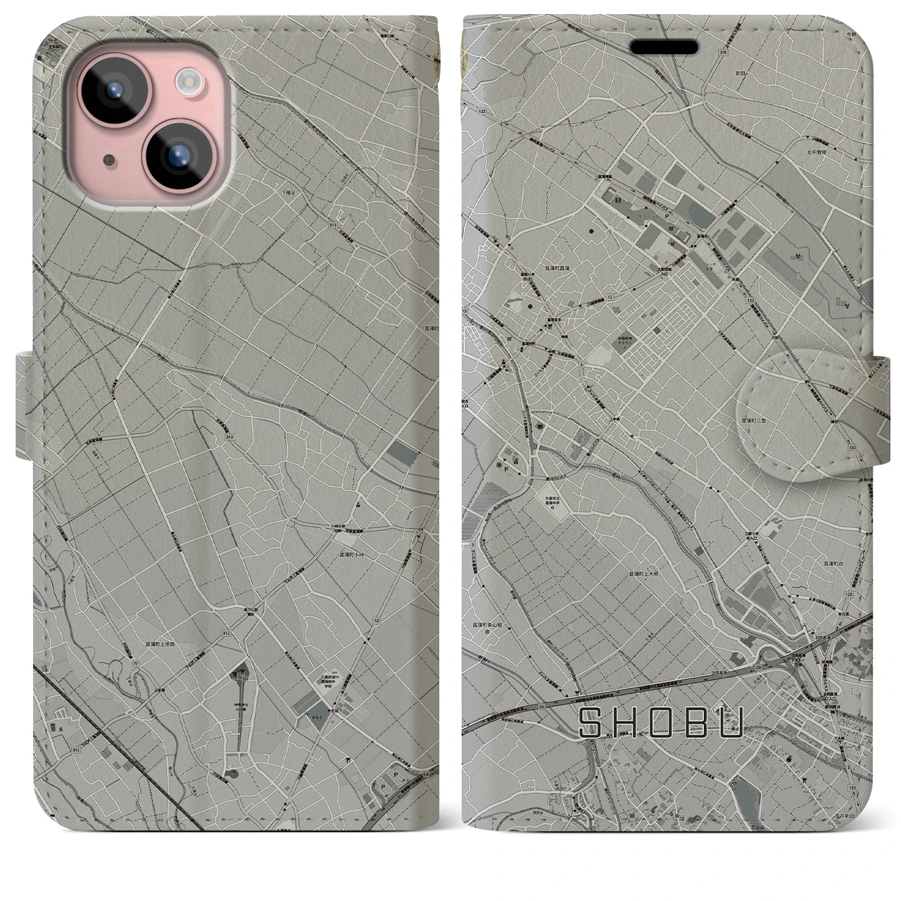 【菖蒲(埼玉県)】地図柄iPhoneケース(手帳タイプ)モノトーン・iPhone 15 Plus 用