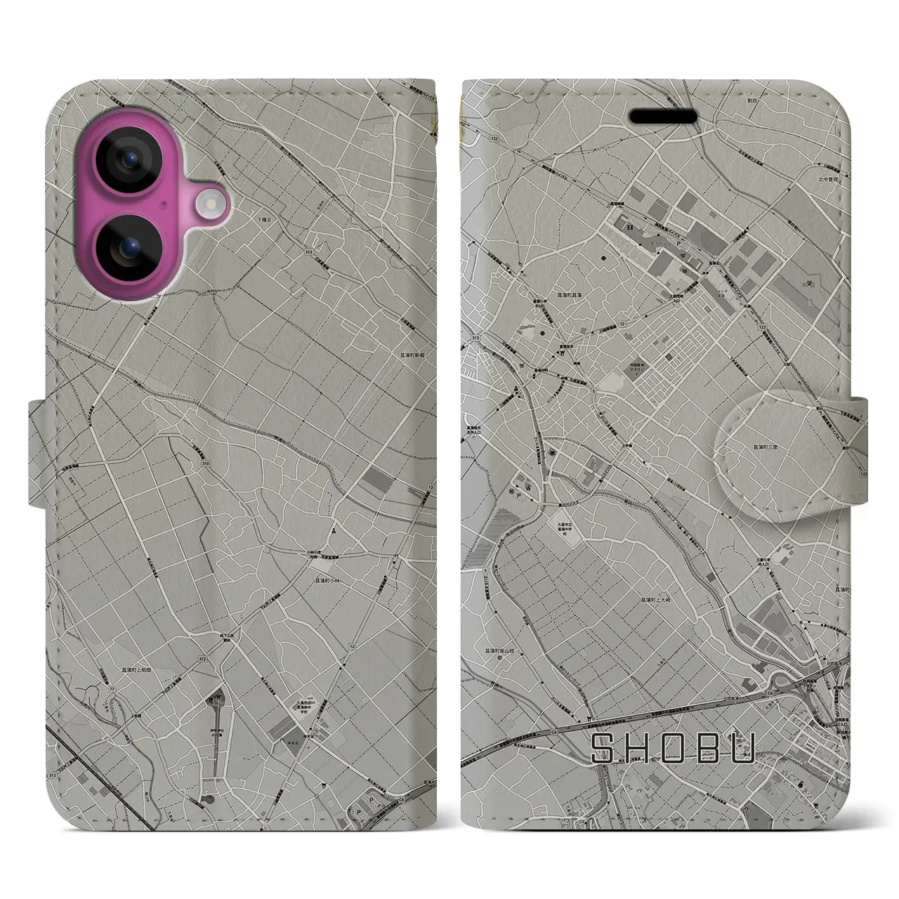 【菖蒲(埼玉県)】地図柄iPhoneケース(手帳タイプ)モノトーン・iPhone 16 Pro 用