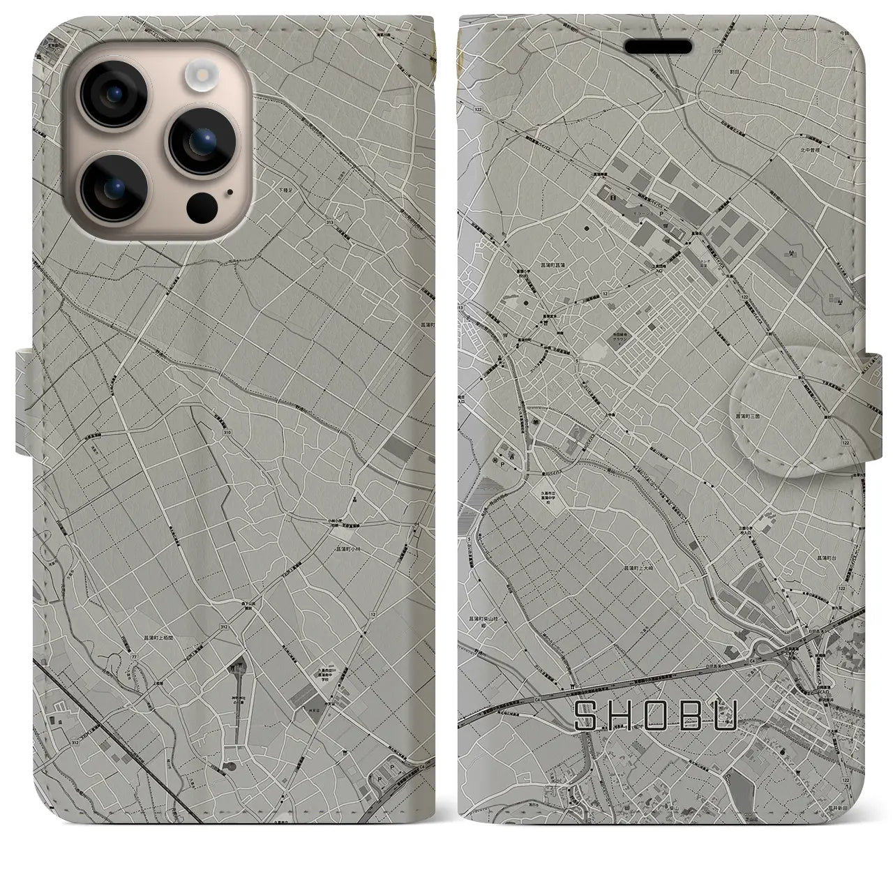 【菖蒲(埼玉県)】地図柄iPhoneケース(手帳タイプ)モノトーン・iPhone 16 Plus 用