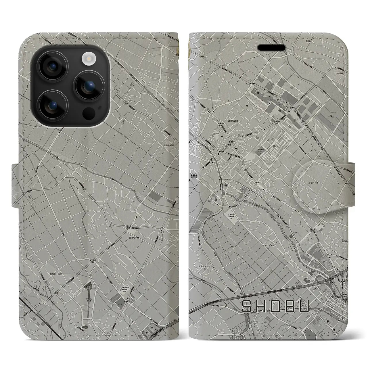 【菖蒲(埼玉県)】地図柄iPhoneケース(手帳タイプ)モノトーン・iPhone 16 用