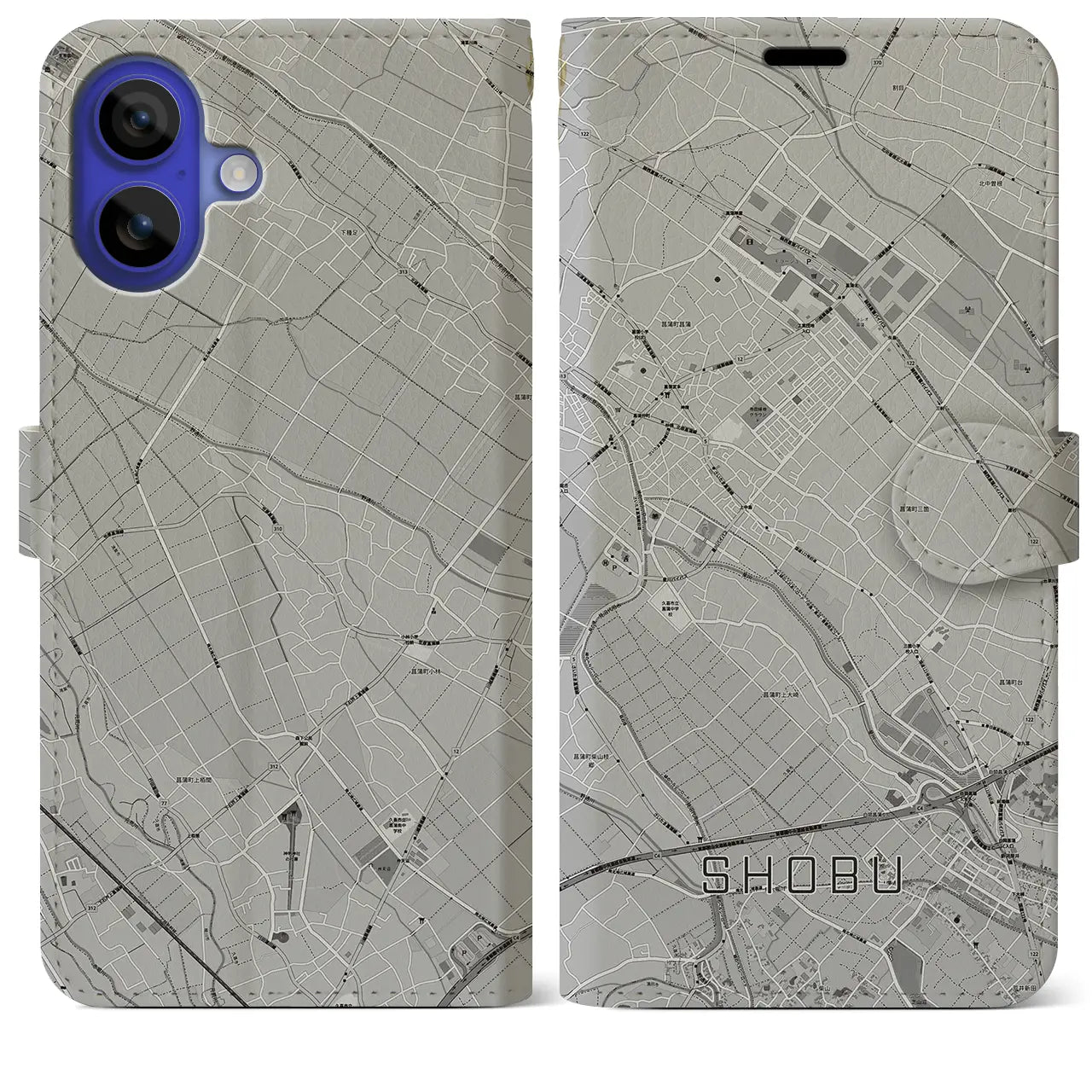 【菖蒲(埼玉県)】地図柄iPhoneケース(手帳タイプ)モノトーン・iPhone 16 Pro Max 用