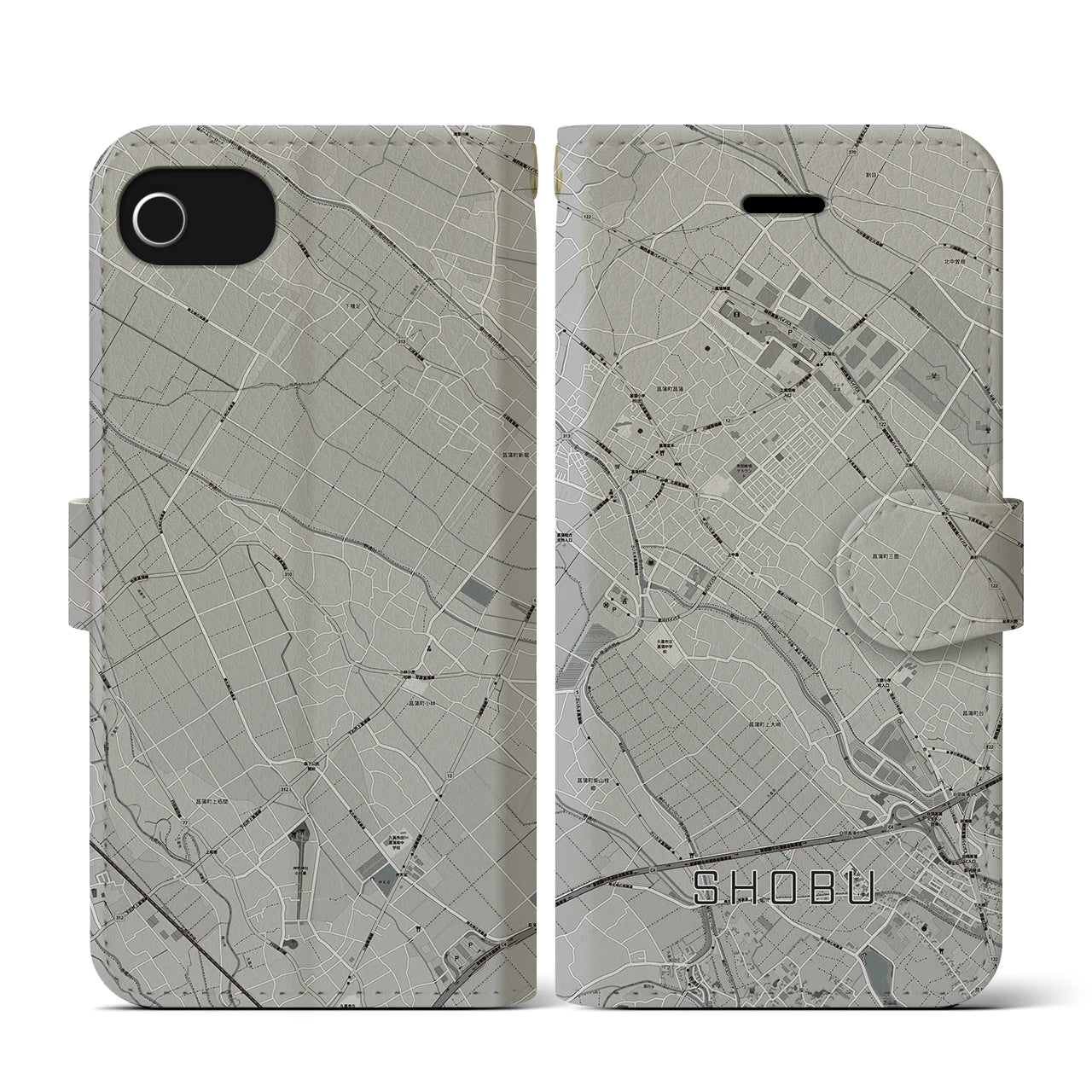 【菖蒲(埼玉県)】地図柄iPhoneケース(手帳タイプ)モノトーン・iPhone SE(第3 / 第2世代) / 8 / 7 / 6s / 6 用