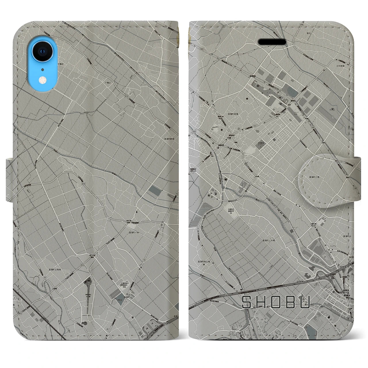 【菖蒲(埼玉県)】地図柄iPhoneケース(手帳タイプ)モノトーン・iPhone XR 用