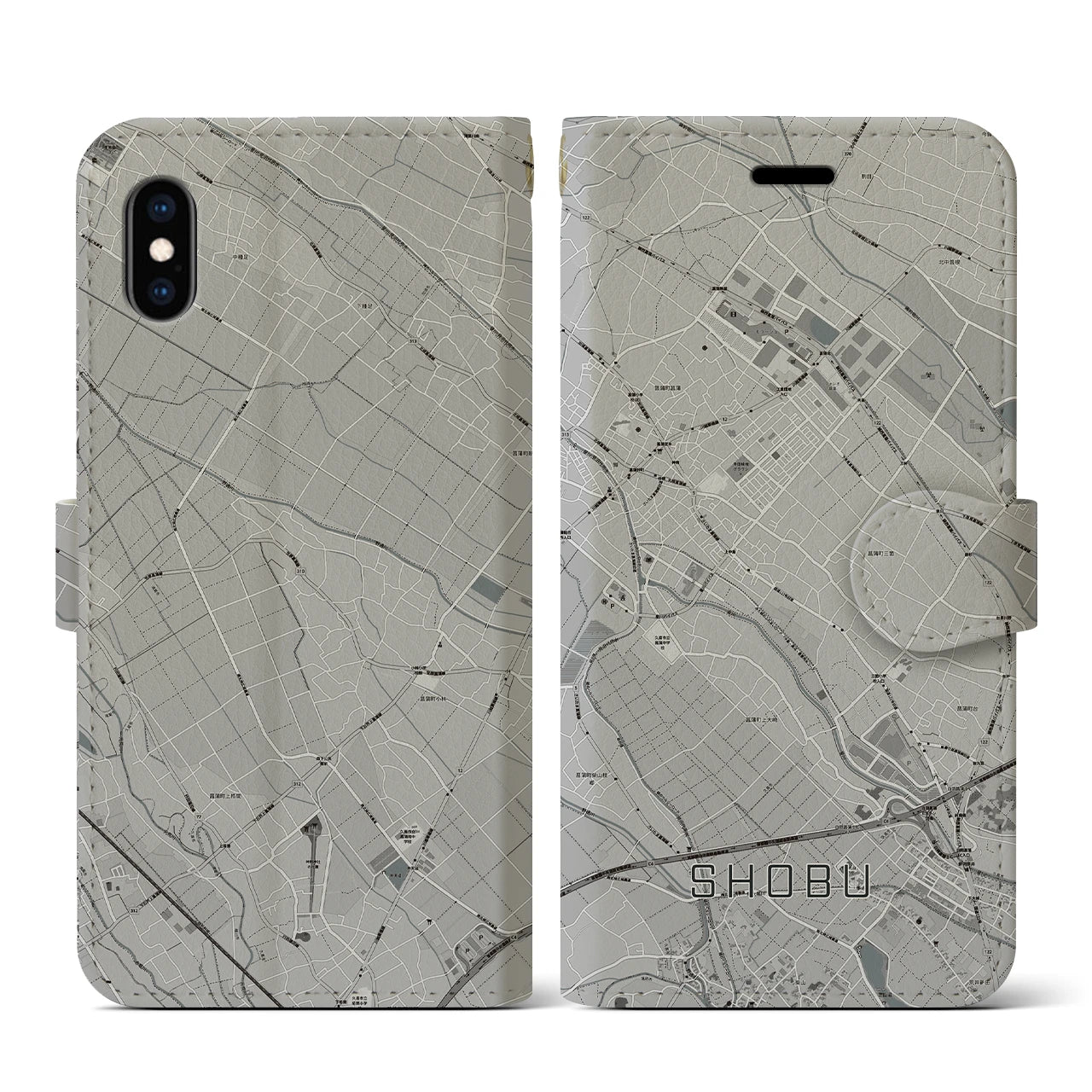 【菖蒲(埼玉県)】地図柄iPhoneケース(手帳タイプ)モノトーン・iPhone XS / X 用