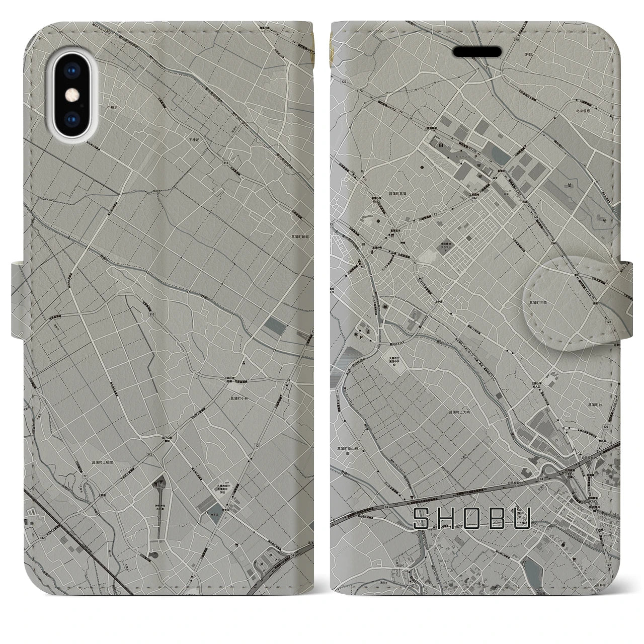 【菖蒲(埼玉県)】地図柄iPhoneケース(手帳タイプ)モノトーン・iPhone XS Max 用