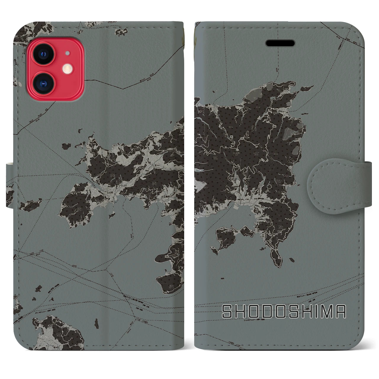 【小豆島(香川県)】地図柄iPhoneケース(手帳タイプ)モノトーン・iPhone 11 用