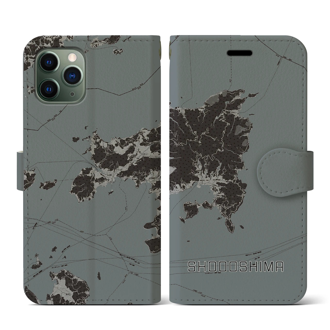 【小豆島(香川県)】地図柄iPhoneケース(手帳タイプ)モノトーン・iPhone 11 Pro 用