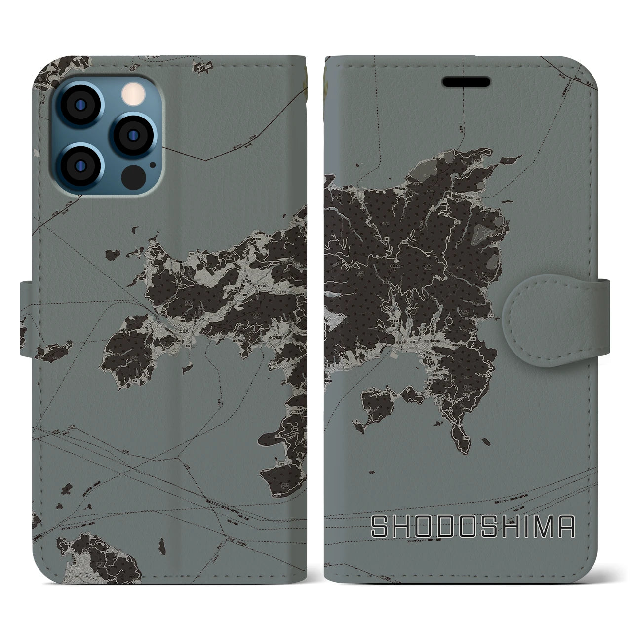 【小豆島(香川県)】地図柄iPhoneケース(手帳タイプ)モノトーン・iPhone 12 / 12 Pro 用