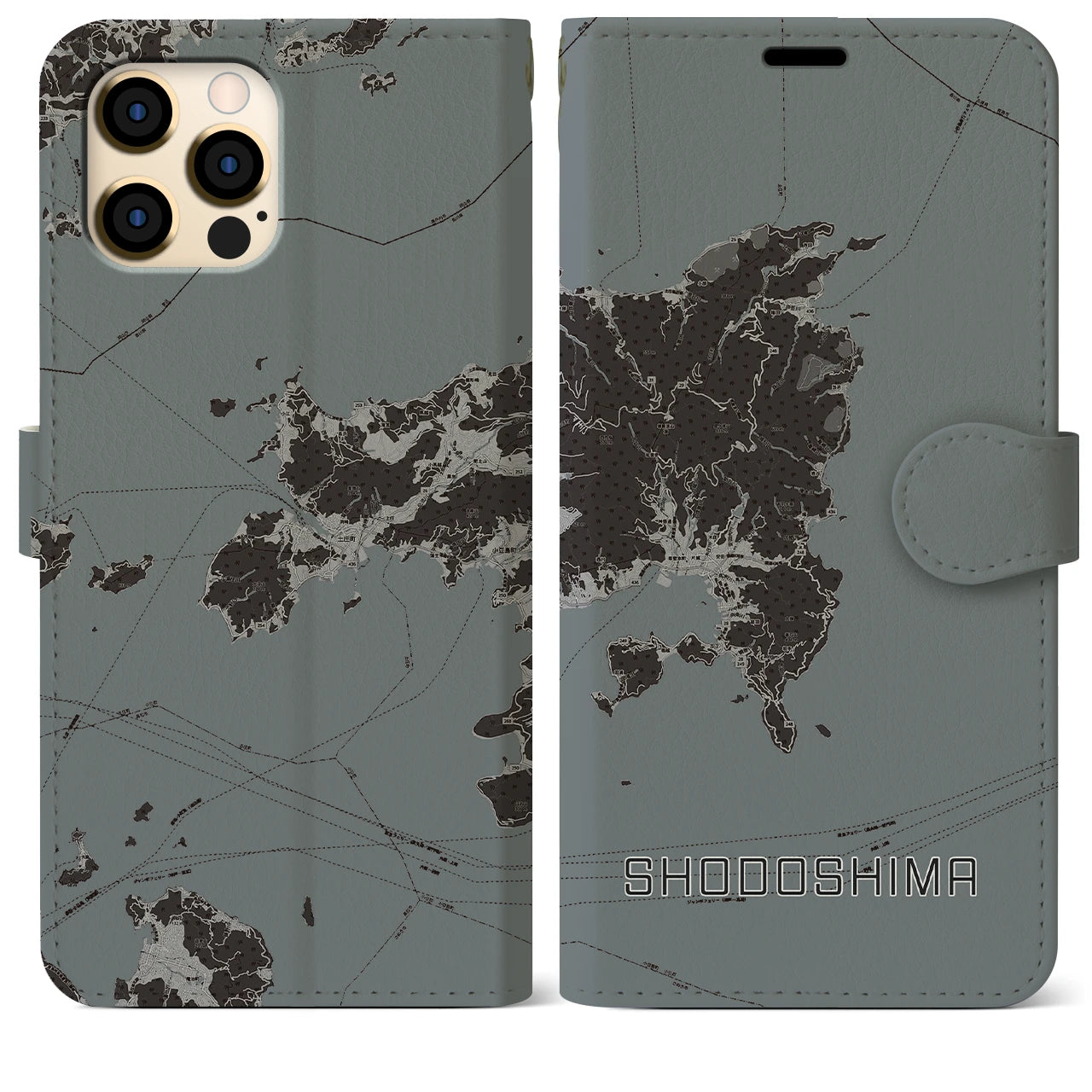 【小豆島(香川県)】地図柄iPhoneケース(手帳タイプ)モノトーン・iPhone 12 Pro Max 用