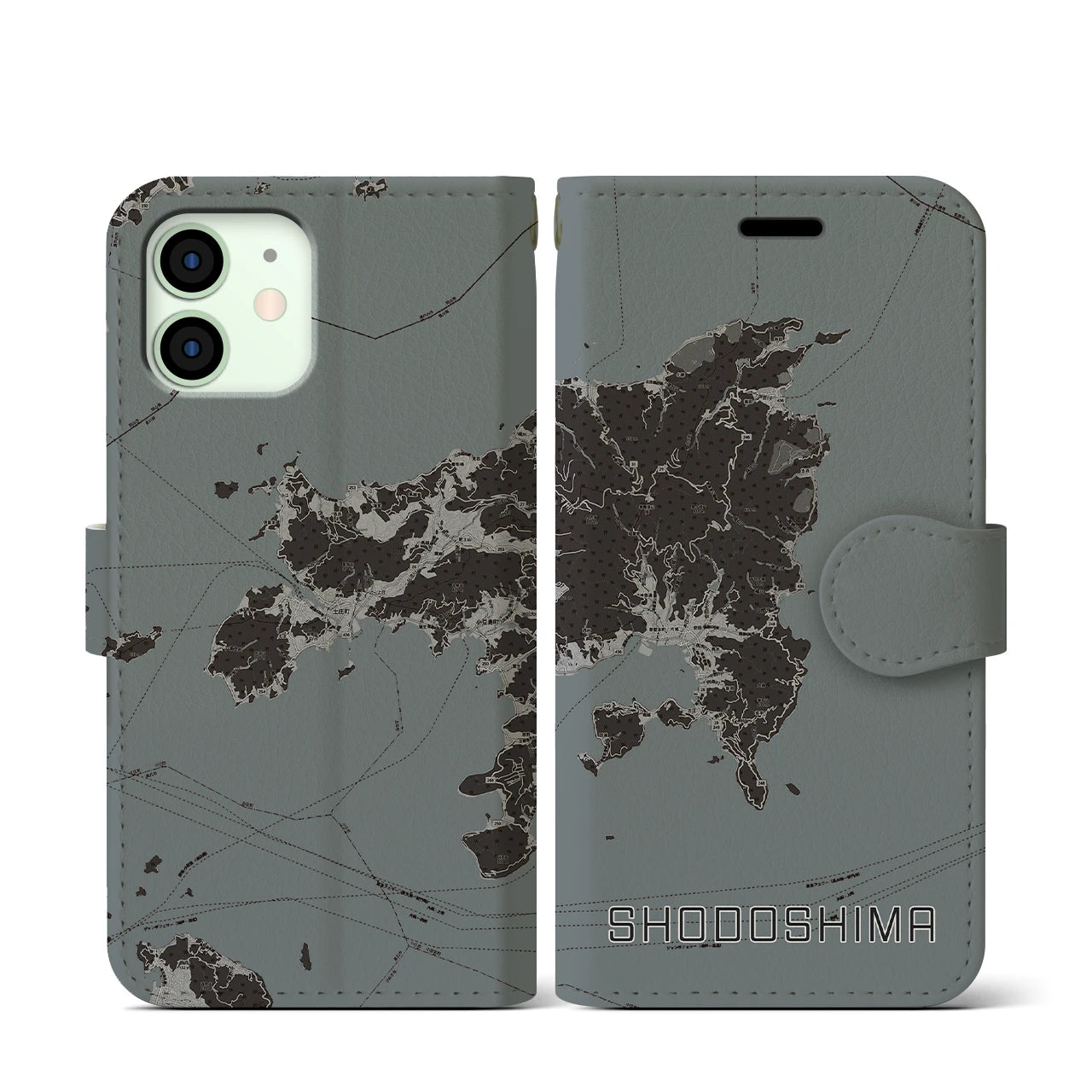 【小豆島(香川県)】地図柄iPhoneケース(手帳タイプ)モノトーン・iPhone 12 mini 用