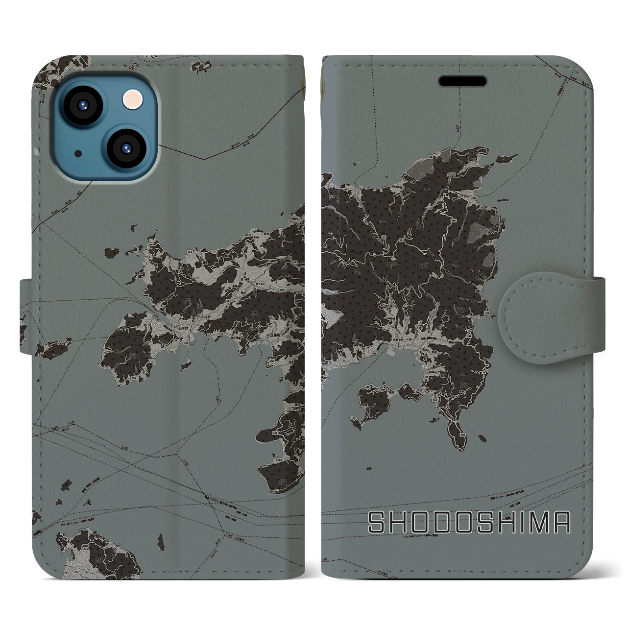 【小豆島(香川県)】地図柄iPhoneケース(手帳タイプ)モノトーン・iPhone 13 用