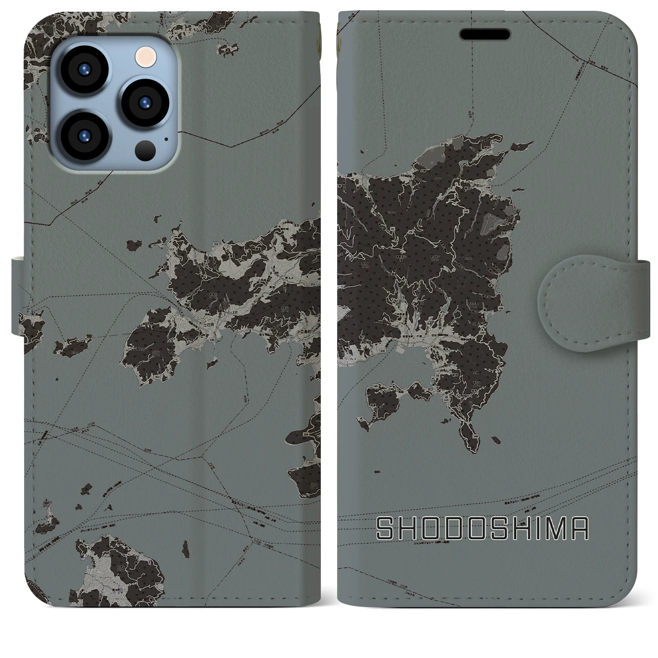 【小豆島(香川県)】地図柄iPhoneケース(手帳タイプ)モノトーン・iPhone 13 Pro Max 用