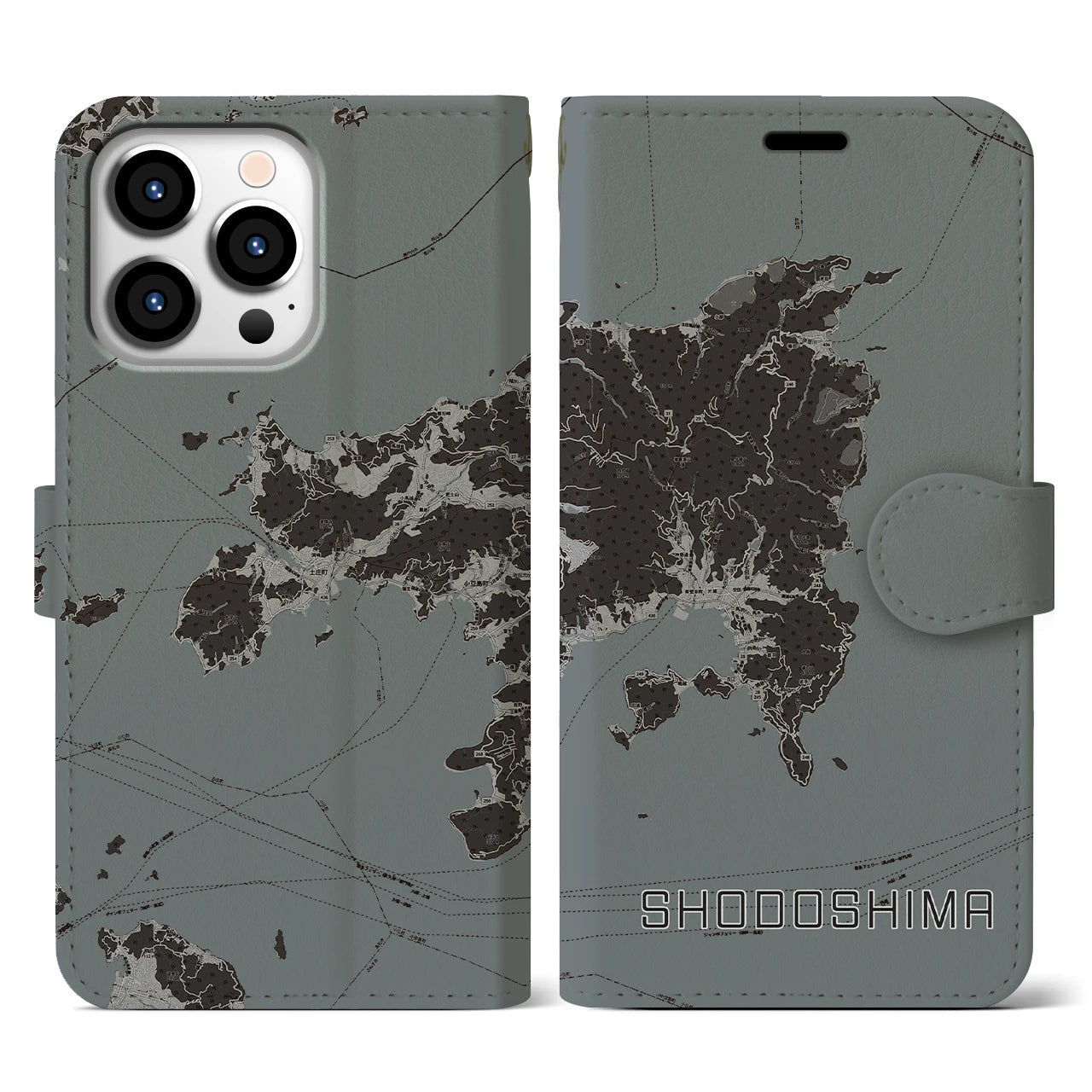 【小豆島(香川県)】地図柄iPhoneケース(手帳タイプ)モノトーン・iPhone 13 Pro 用