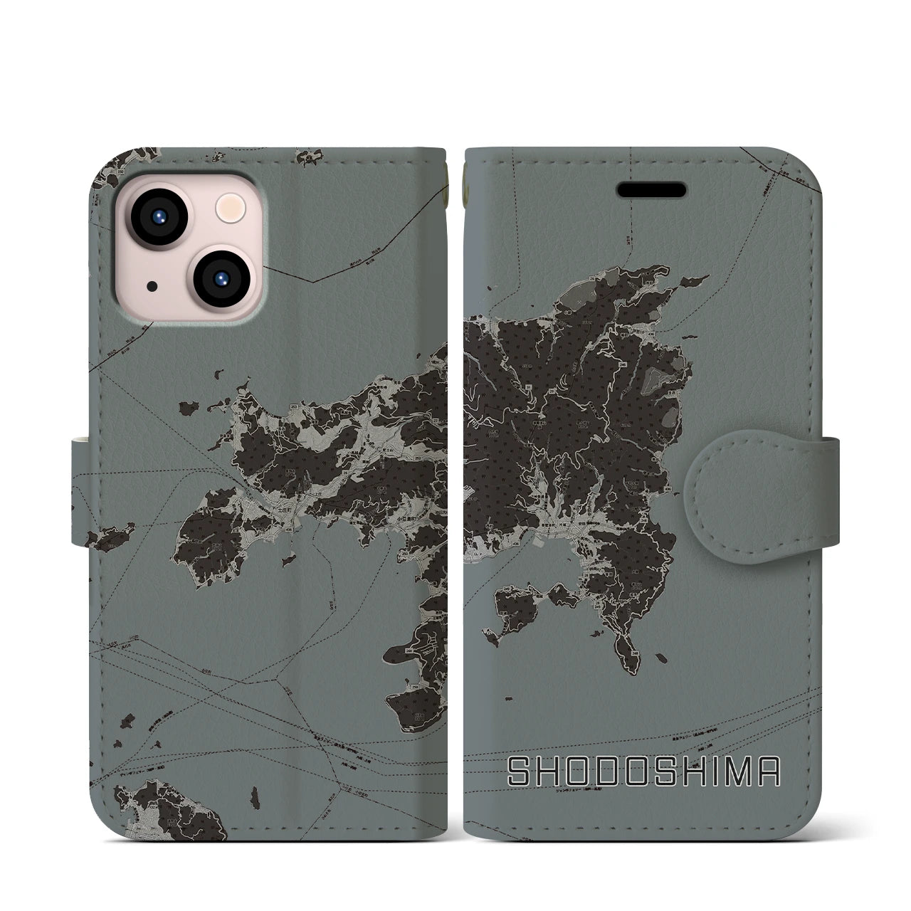 【小豆島(香川県)】地図柄iPhoneケース(手帳タイプ)モノトーン・iPhone 13 mini 用