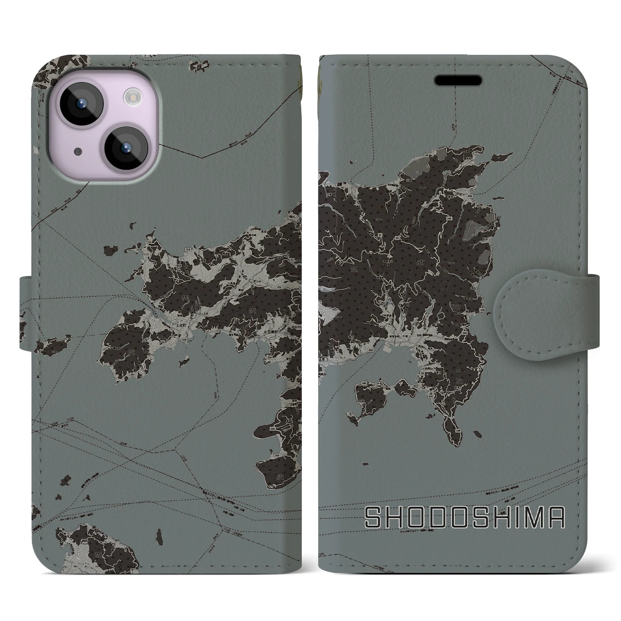 【小豆島(香川県)】地図柄iPhoneケース(手帳タイプ)モノトーン・iPhone 14 用