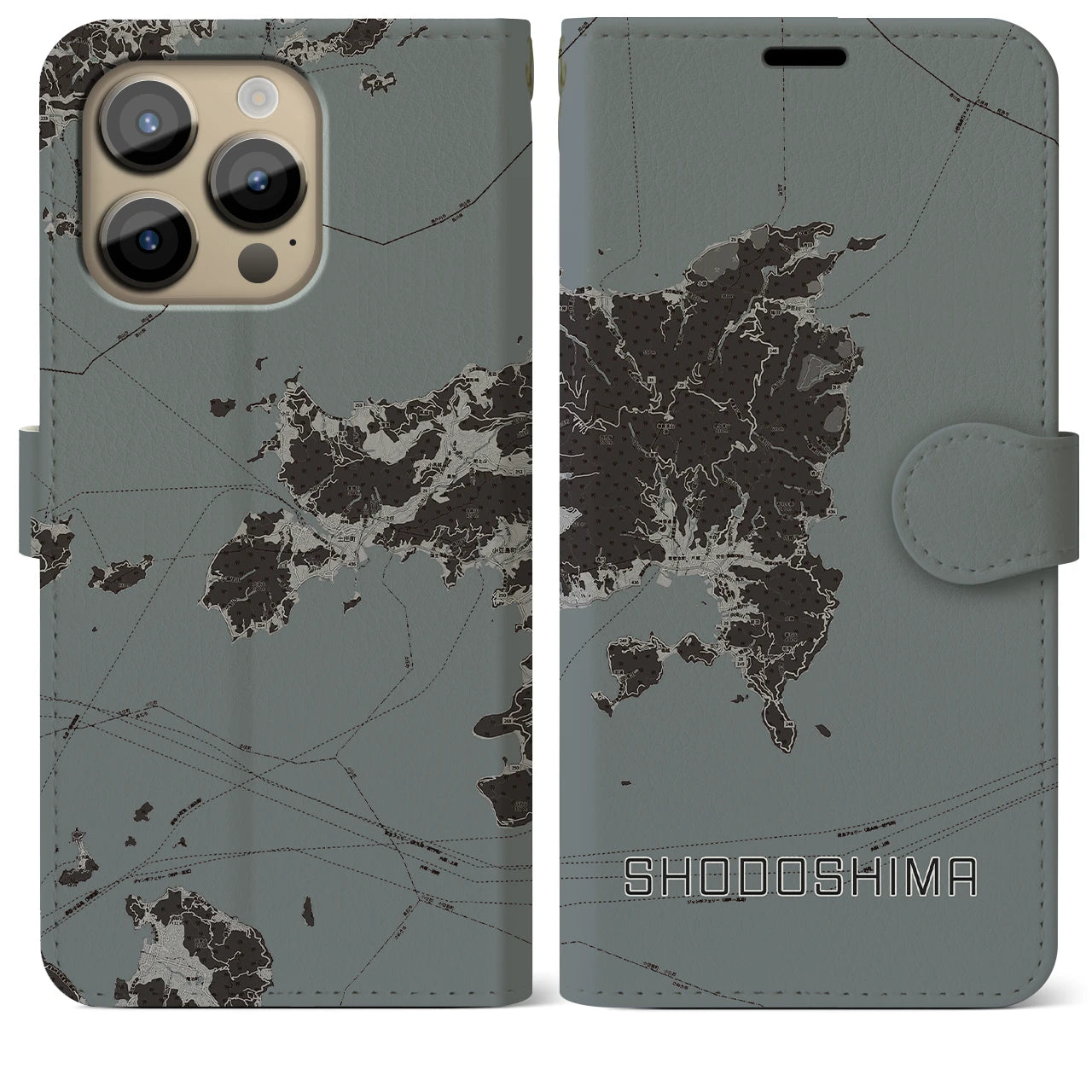【小豆島(香川県)】地図柄iPhoneケース(手帳タイプ)モノトーン・iPhone 14 Pro Max 用