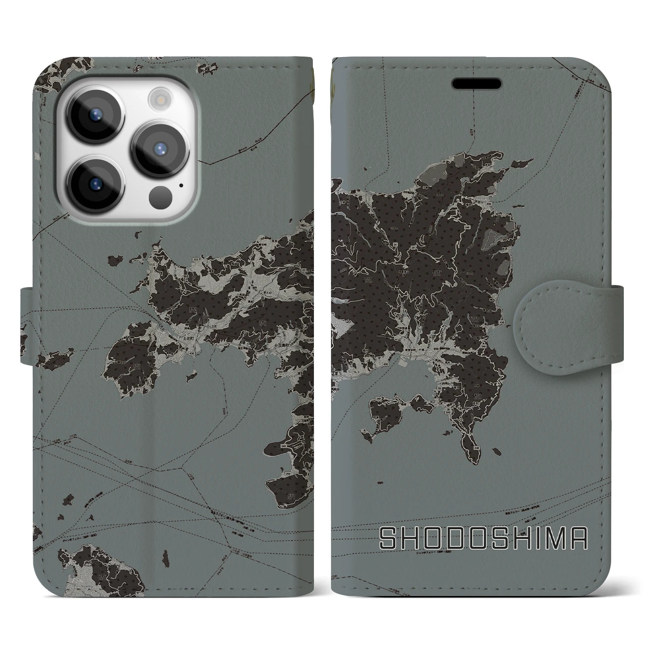 【小豆島(香川県)】地図柄iPhoneケース(手帳タイプ)モノトーン・iPhone 14 Pro 用