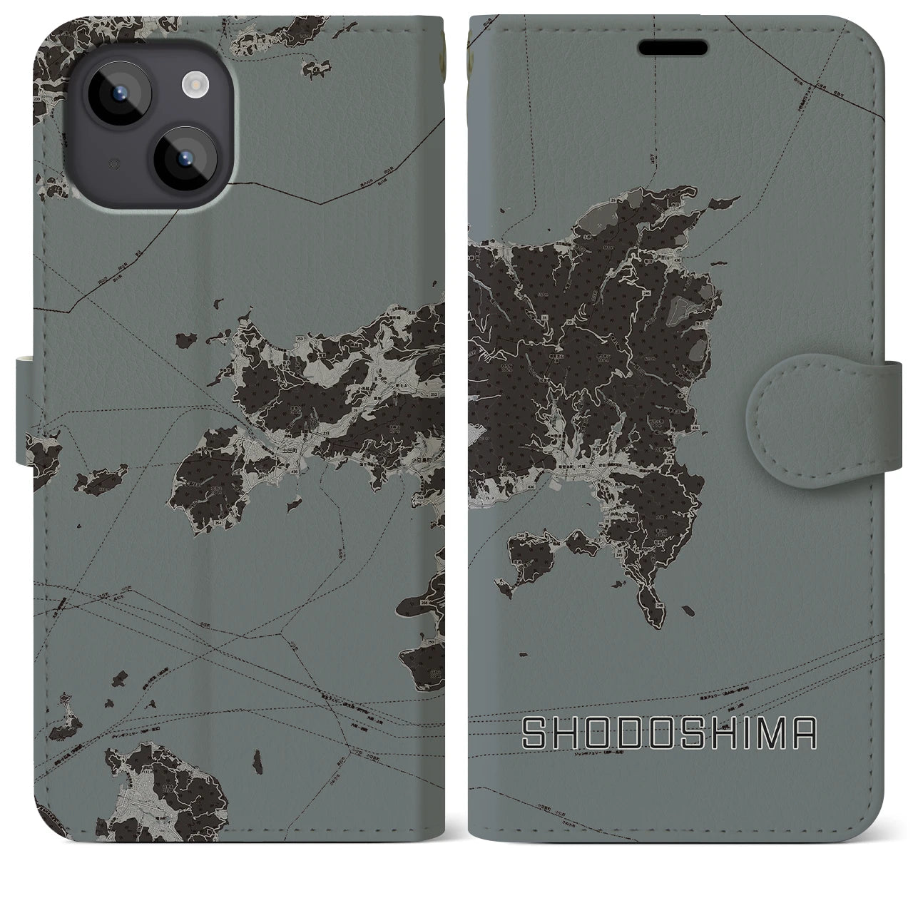 【小豆島(香川県)】地図柄iPhoneケース(手帳タイプ)モノトーン・iPhone 14 Plus 用