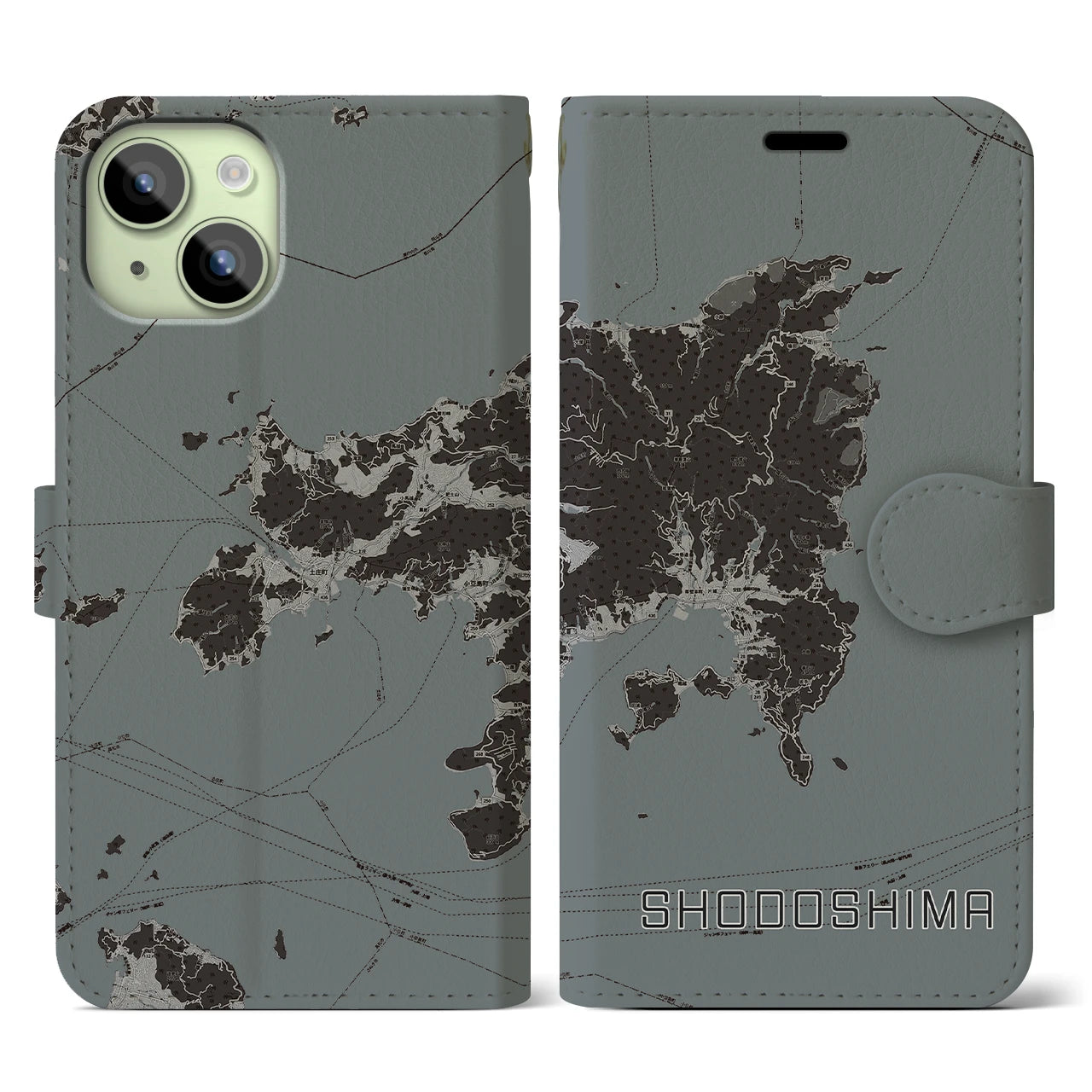 【小豆島(香川県)】地図柄iPhoneケース(手帳タイプ)モノトーン・iPhone 15 用