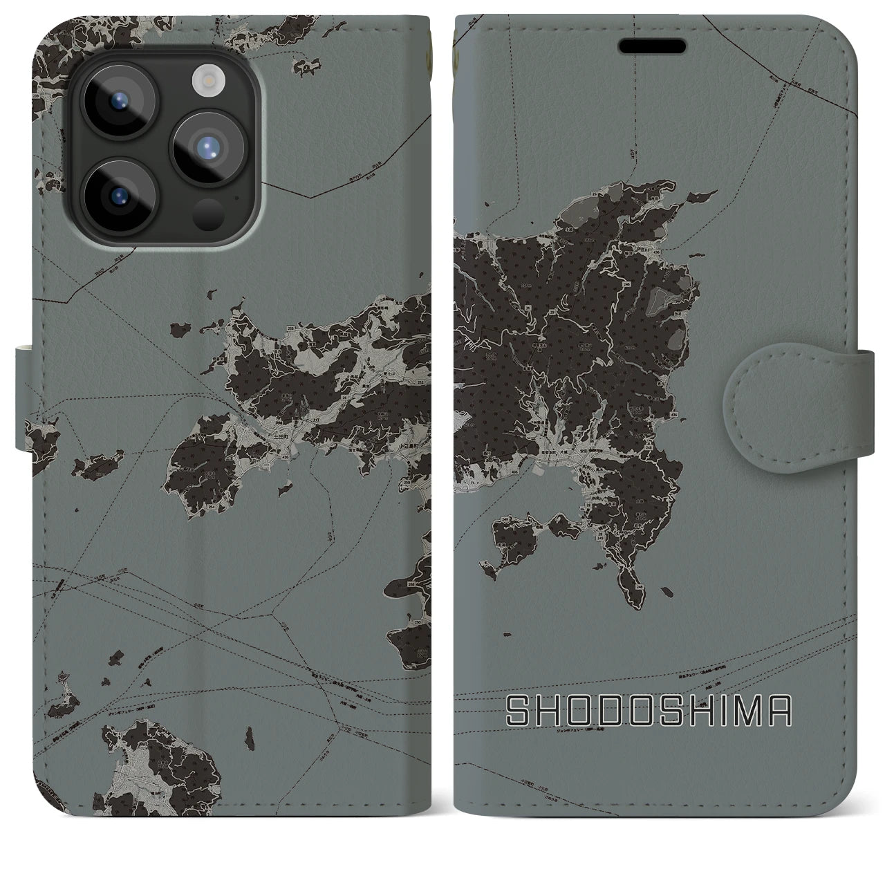 【小豆島(香川県)】地図柄iPhoneケース(手帳タイプ)モノトーン・iPhone 15 Pro Max 用