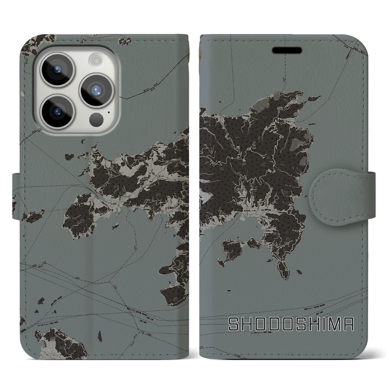 【小豆島(香川県)】地図柄iPhoneケース(手帳タイプ)モノトーン・iPhone 15 Pro 用