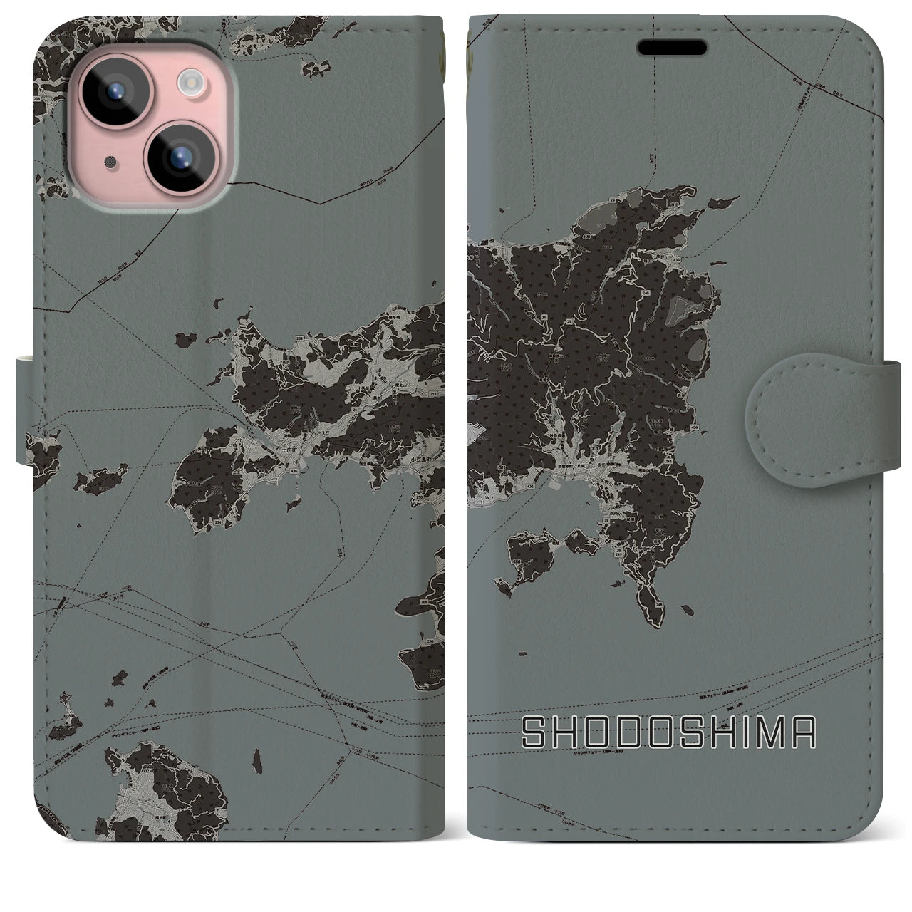 【小豆島(香川県)】地図柄iPhoneケース(手帳タイプ)モノトーン・iPhone 15 Plus 用