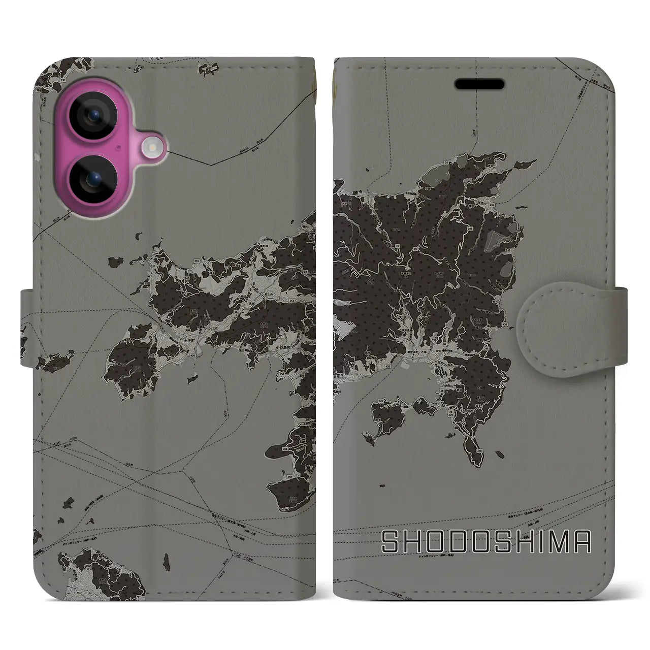 【小豆島(香川県)】地図柄iPhoneケース(手帳タイプ)モノトーン・iPhone 16 Pro 用