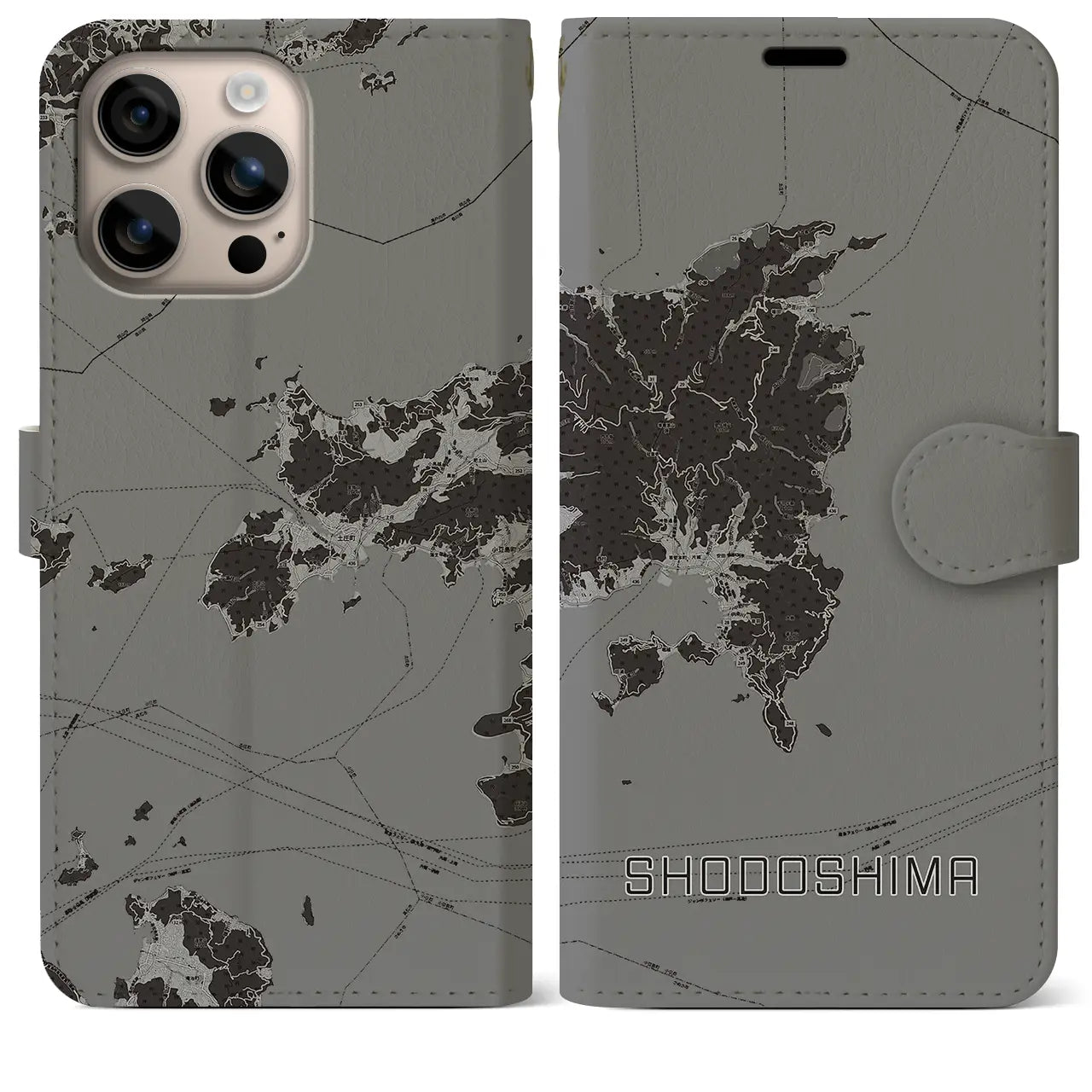 【小豆島(香川県)】地図柄iPhoneケース(手帳タイプ)モノトーン・iPhone 16 Plus 用