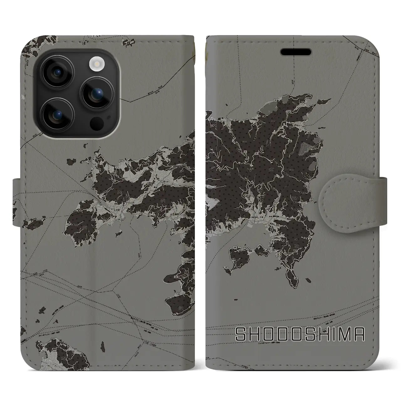 【小豆島(香川県)】地図柄iPhoneケース(手帳タイプ)モノトーン・iPhone 16 用