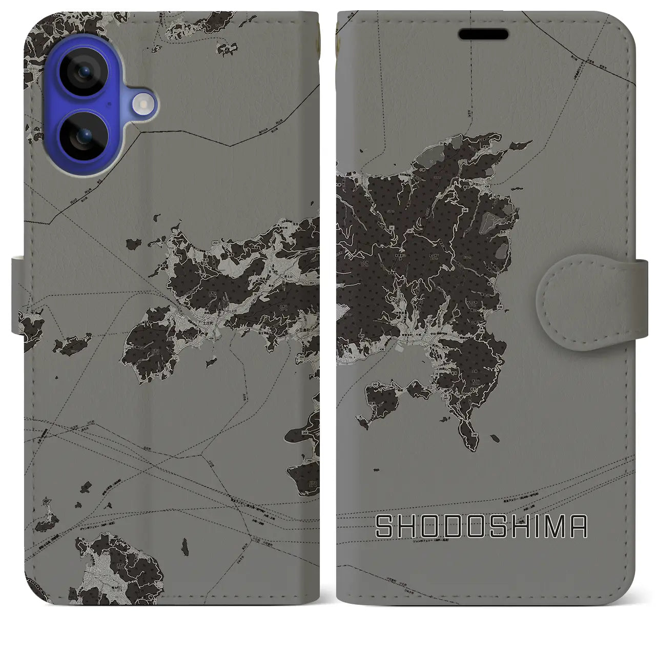 【小豆島(香川県)】地図柄iPhoneケース(手帳タイプ)モノトーン・iPhone 16 Pro Max 用