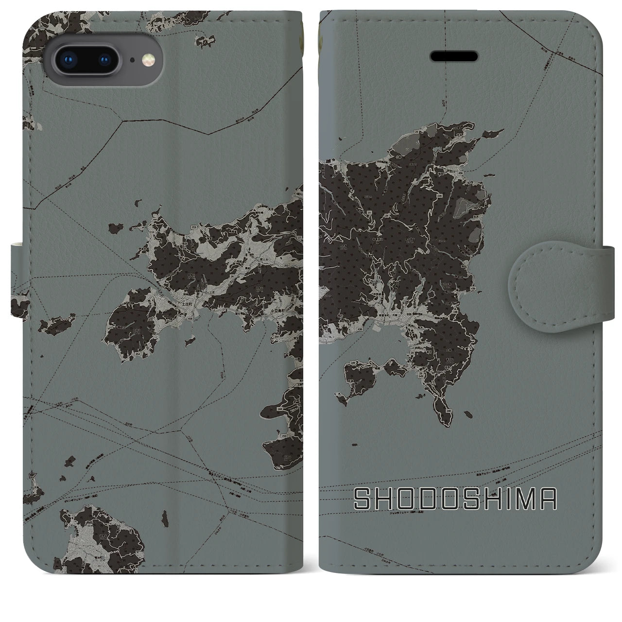 【小豆島(香川県)】地図柄iPhoneケース(手帳タイプ)モノトーン・iPhone 8Plus /7Plus / 6sPlus / 6Plus 用