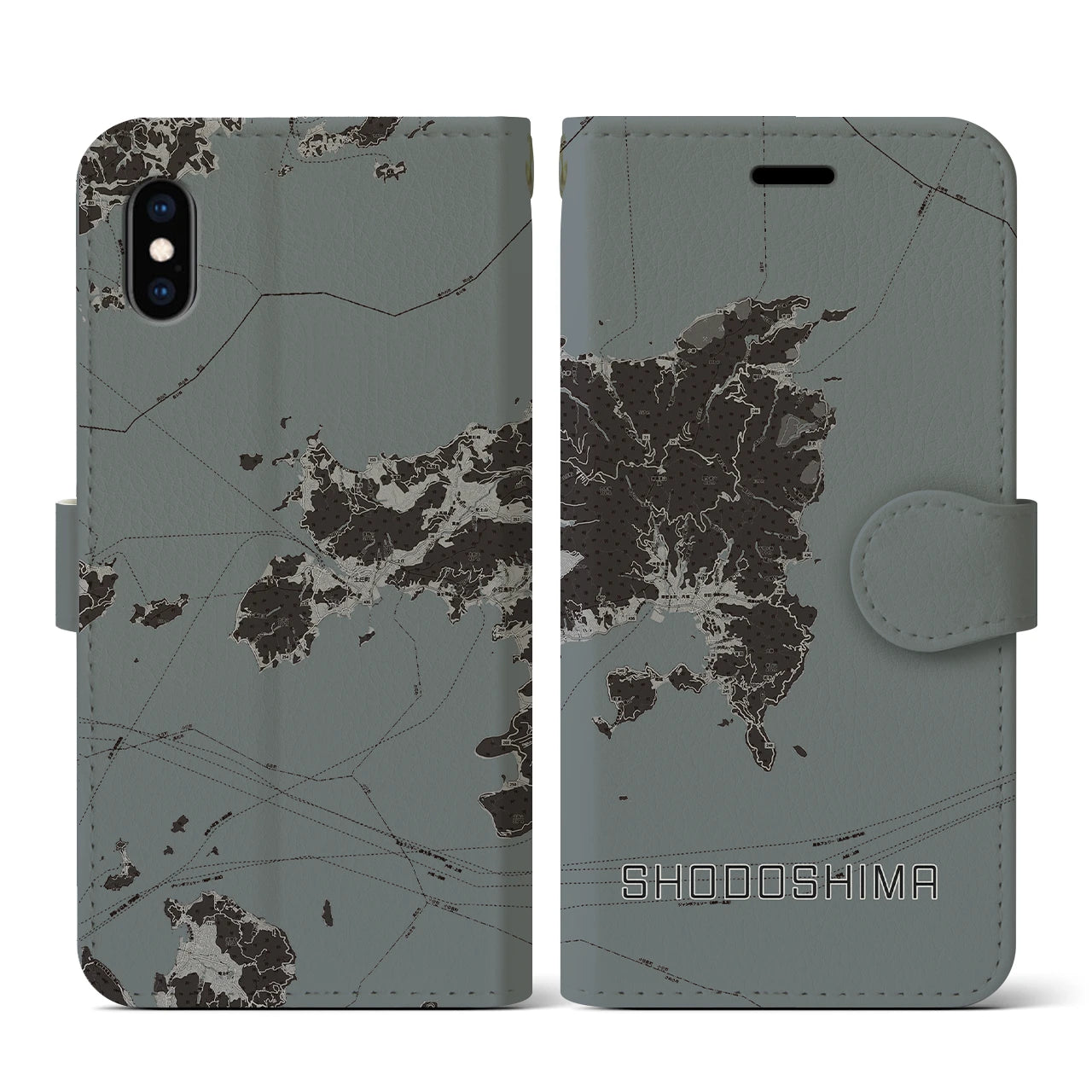 【小豆島(香川県)】地図柄iPhoneケース(手帳タイプ)モノトーン・iPhone XS / X 用
