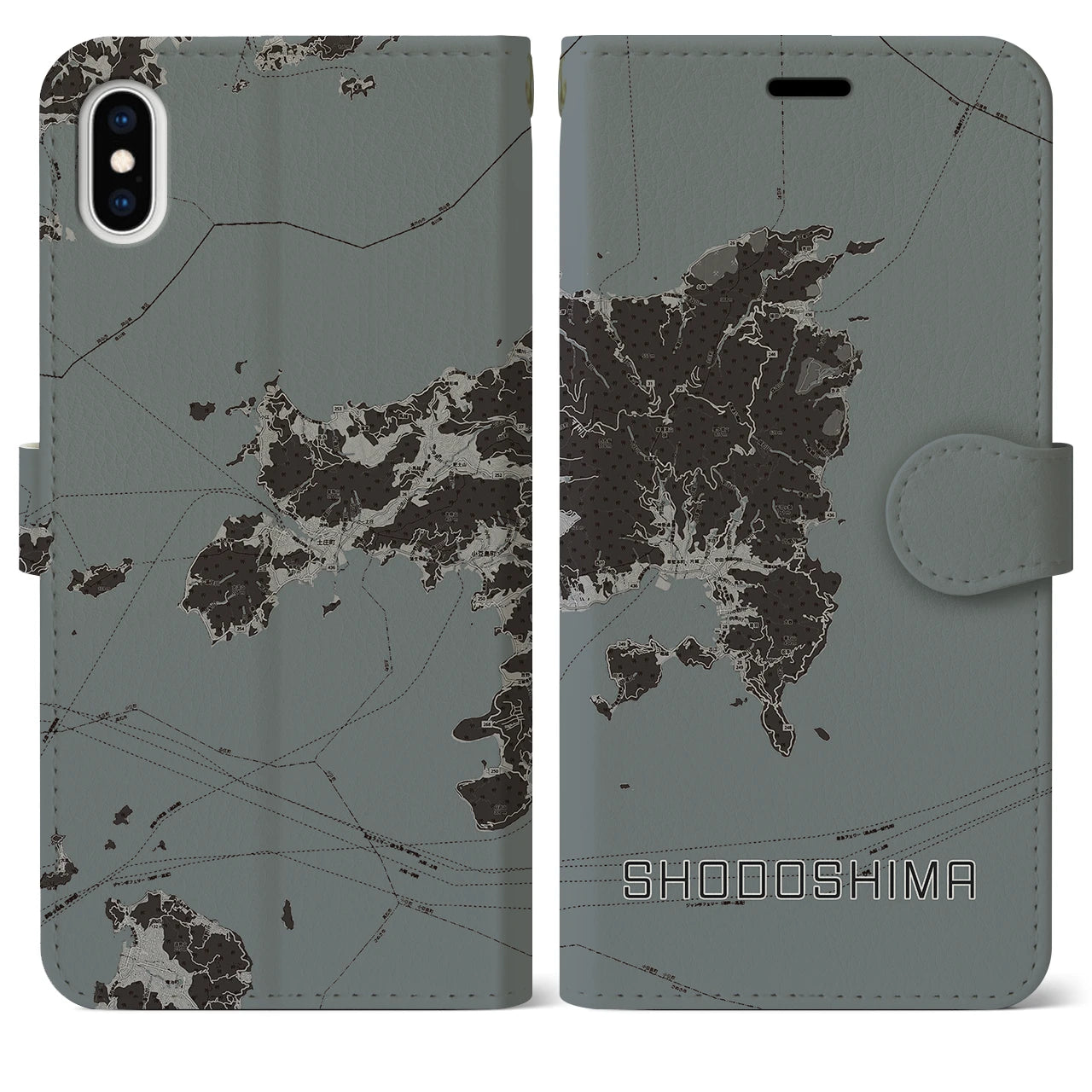 【小豆島(香川県)】地図柄iPhoneケース(手帳タイプ)モノトーン・iPhone XS Max 用