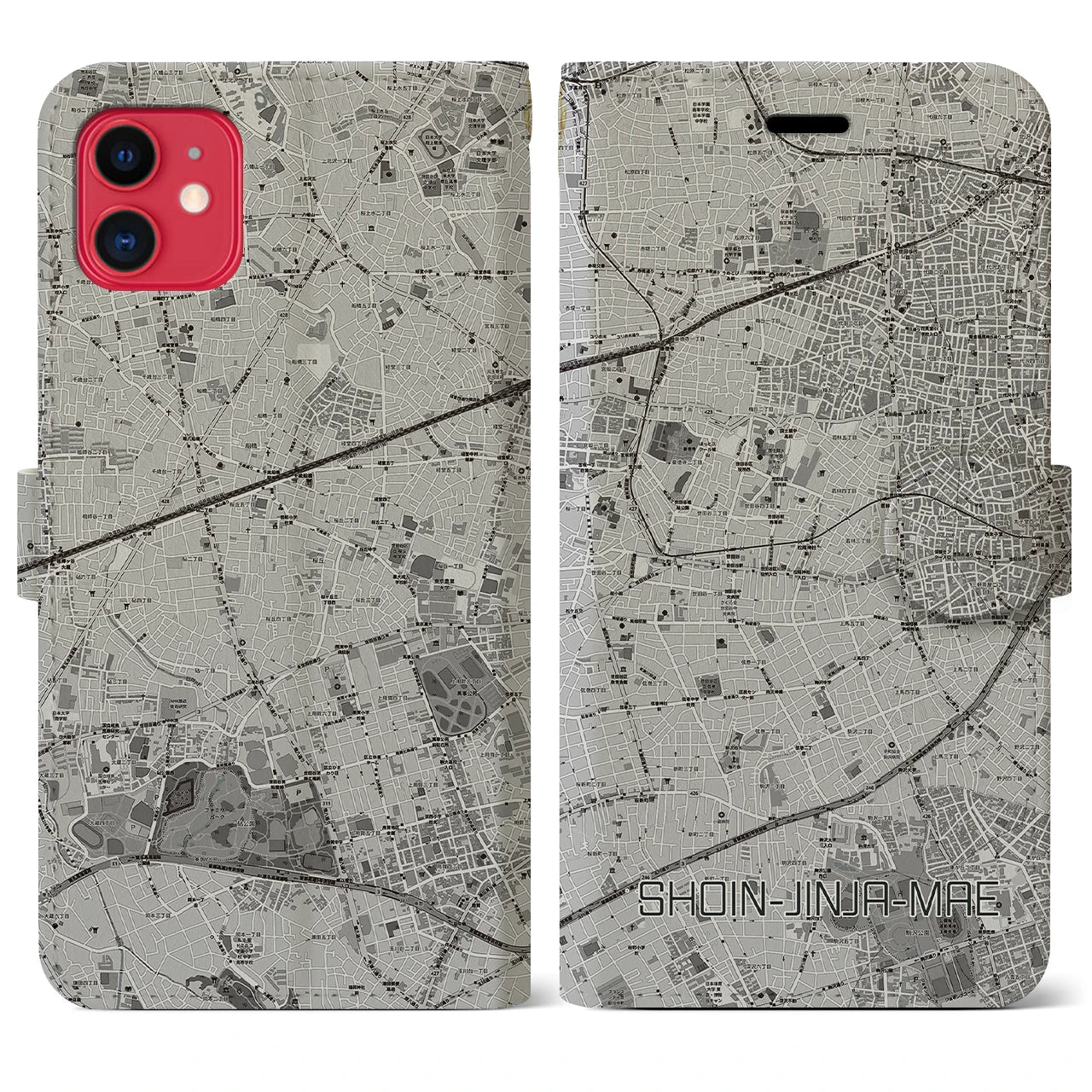 【松陰神社前(東京都)】地図柄iPhoneケース(手帳タイプ)モノトーン・iPhone 11 用