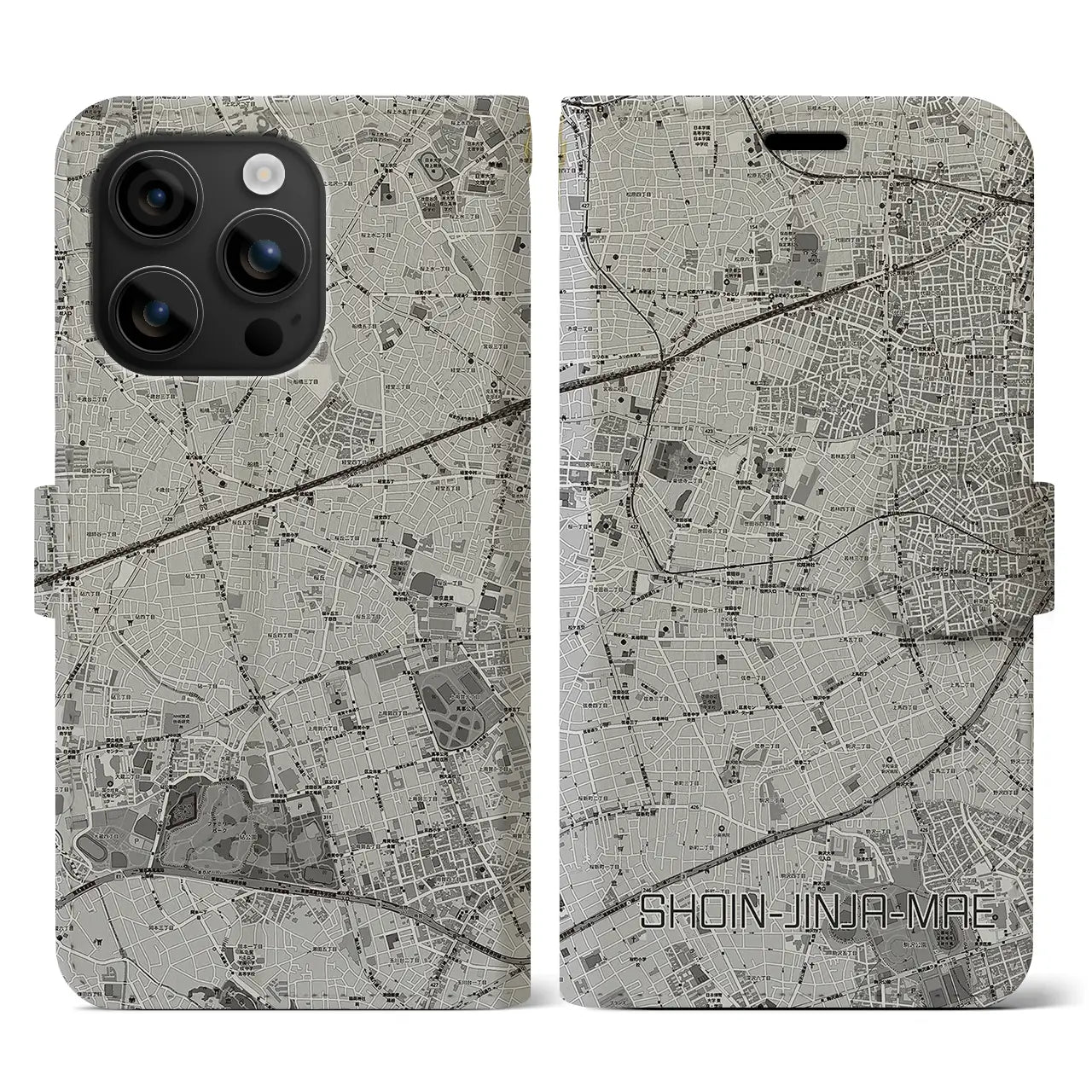 【松陰神社前(東京都)】地図柄iPhoneケース(手帳タイプ)モノトーン・iPhone 16 用