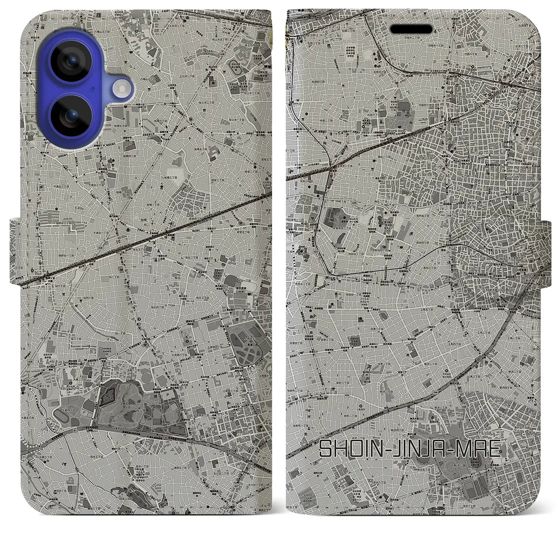 【松陰神社前(東京都)】地図柄iPhoneケース(手帳タイプ)モノトーン・iPhone 16 Pro Max 用