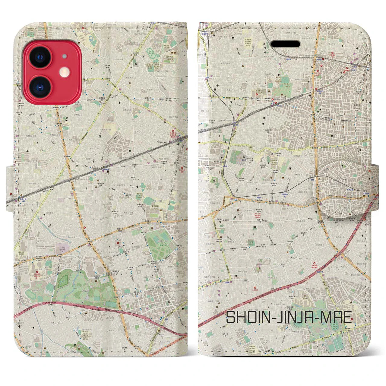 【松陰神社前(東京都)】地図柄iPhoneケース(手帳タイプ)ナチュラル・iPhone 11 用