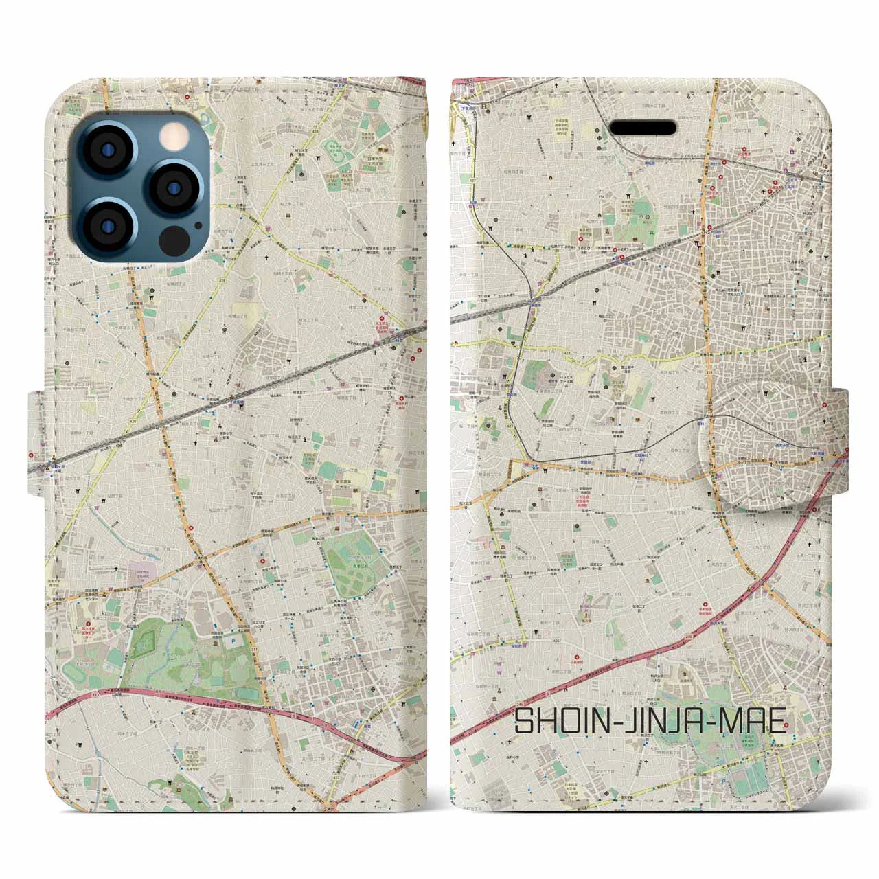 【松陰神社前(東京都)】地図柄iPhoneケース(手帳タイプ)ナチュラル・iPhone 12 / 12 Pro 用