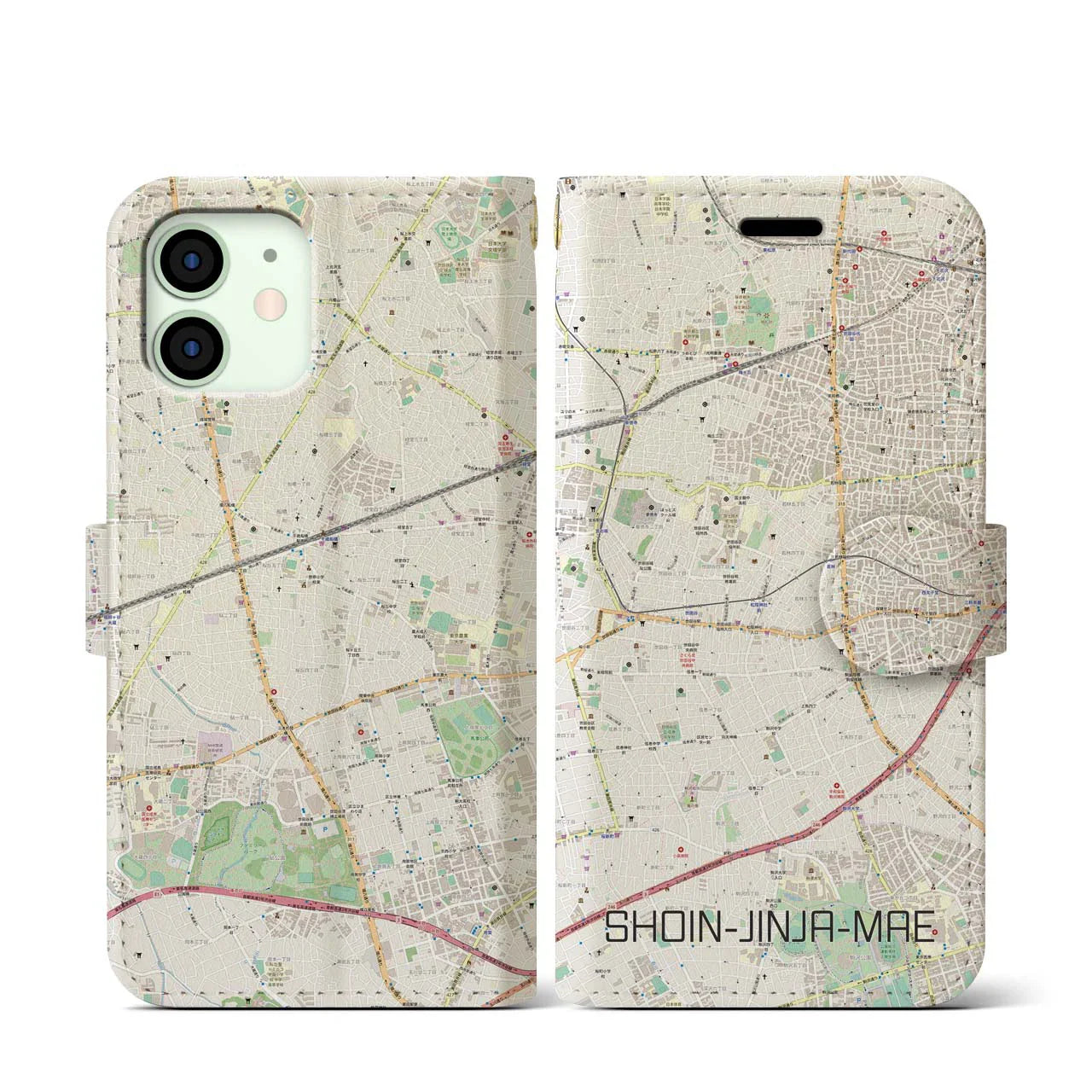 【松陰神社前(東京都)】地図柄iPhoneケース(手帳タイプ)ナチュラル・iPhone 12 mini 用