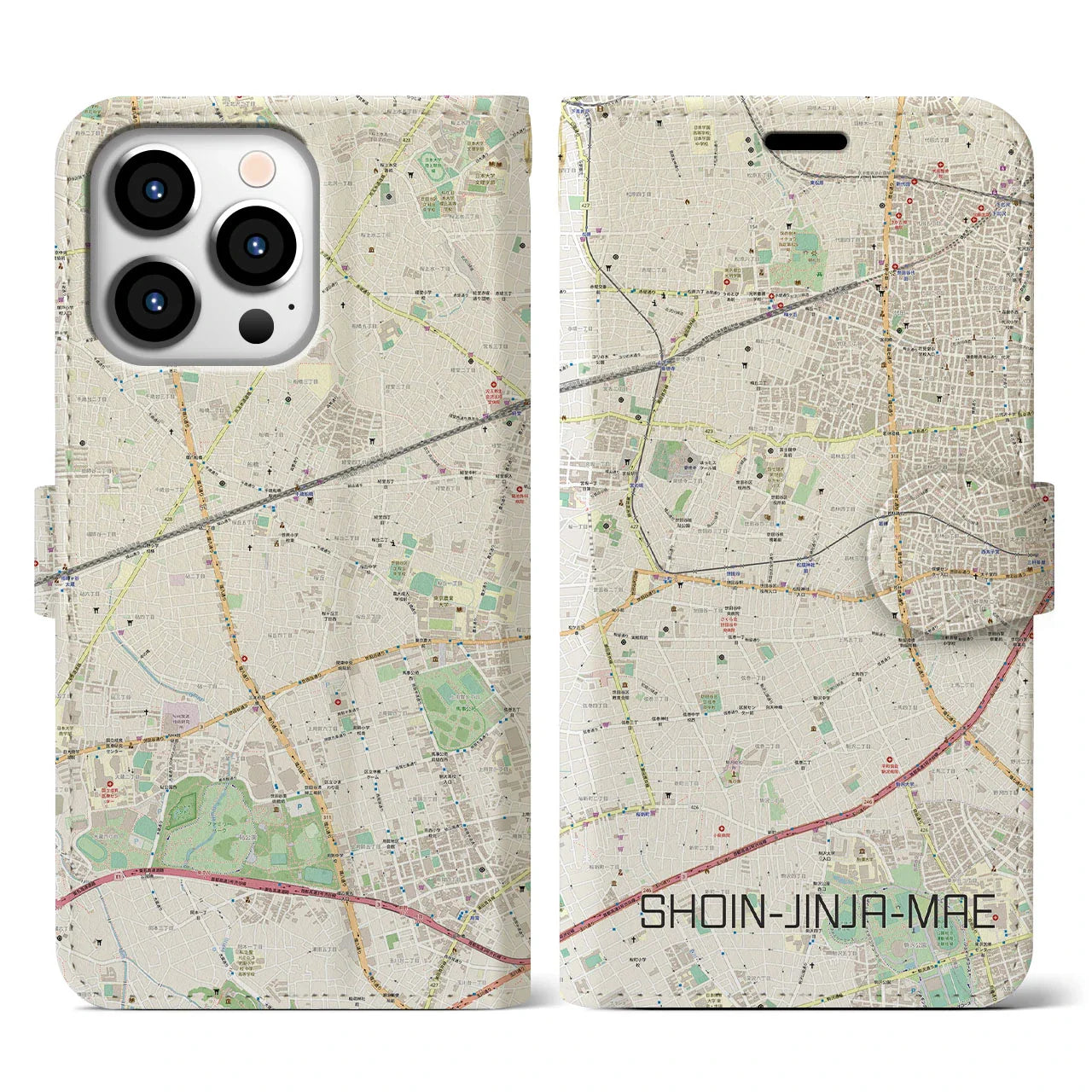 【松陰神社前(東京都)】地図柄iPhoneケース(手帳タイプ)ナチュラル・iPhone 13 Pro 用