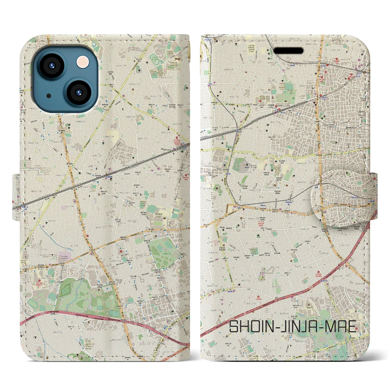 【松陰神社前(東京都)】地図柄iPhoneケース(手帳タイプ)ナチュラル・iPhone 13 用