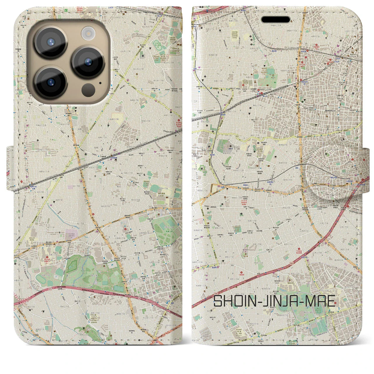【松陰神社前(東京都)】地図柄iPhoneケース(手帳タイプ)ナチュラル・iPhone 14 Pro Max 用