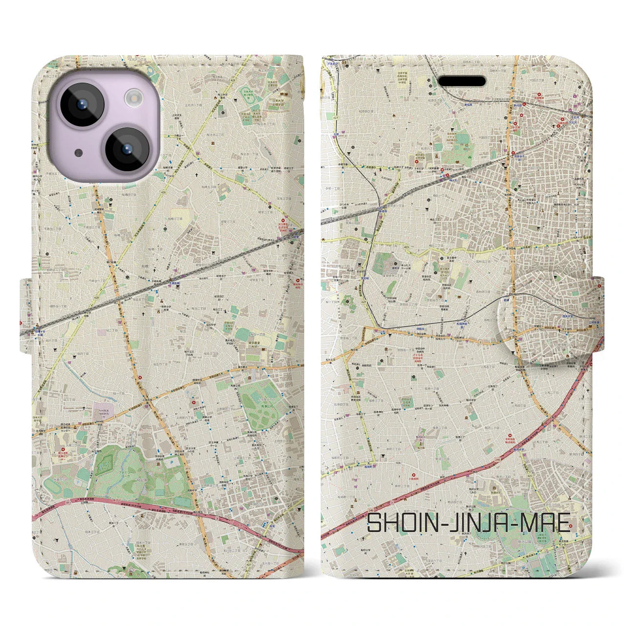 【松陰神社前(東京都)】地図柄iPhoneケース(手帳タイプ)ナチュラル・iPhone 14 用